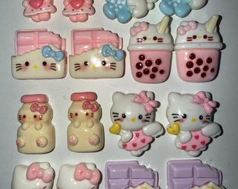 Kawaii Cat Nail Charms – Colorful Girly, Boba Tea, Candy Bars and Hearts | Resin Cabochons for Press On Nails & Arts and Crafts (Set of 16)