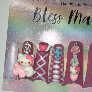 2XL Acrylic Duck Nails - Kawaii Kitty Sharp Mooncut Nails | Handdrawn Art with Croc Print, Dainty Charms & Iridescent Shimmer image 1