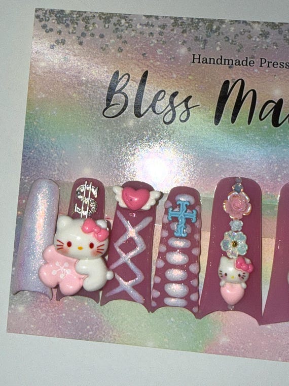 2XL Acrylic Duck Nails - Kawaii Kitty Sharp Mooncut Nails | Handdrawn Art with Croc Print, Dainty Charms & Iridescent Shimmer