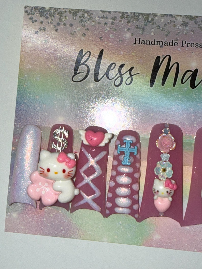2XL Acrylic Duck Nails - Kawaii Kitty Sharp Mooncut Nails | Handdrawn Art with Croc Print, Dainty Charms & Iridescent Shimmer image 1