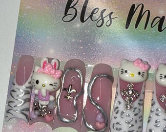 2XL Acrylic Duck Nails - Kawaii Kitty | Airbrushed Moon Cut Nails | Animal Print Art w Charms