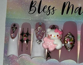 2XL Acrylic Duck Press Ons - Kawaii Kitty Coquette Gothic Press On Nails – Pink & White Vintage Charm Set