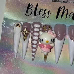 2XL Acrylic Stiletto Nails - Kawaii Kitty White Nails w a Shimmery Pink Base, French-Tips, Croc Print & Gold Charms