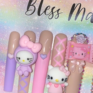 3XL Press Ons - Kawaii Kitty Purple/Pink Nails w Rhinestones, Charms & Handdrawn Art