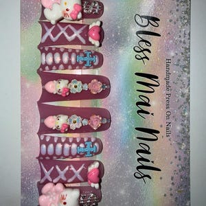 2XL Acrylic Duck Nails - Kawaii Kitty Sharp Mooncut Nails | Handdrawn Art with Croc Print, Dainty Charms & Iridescent Shimmer image 4