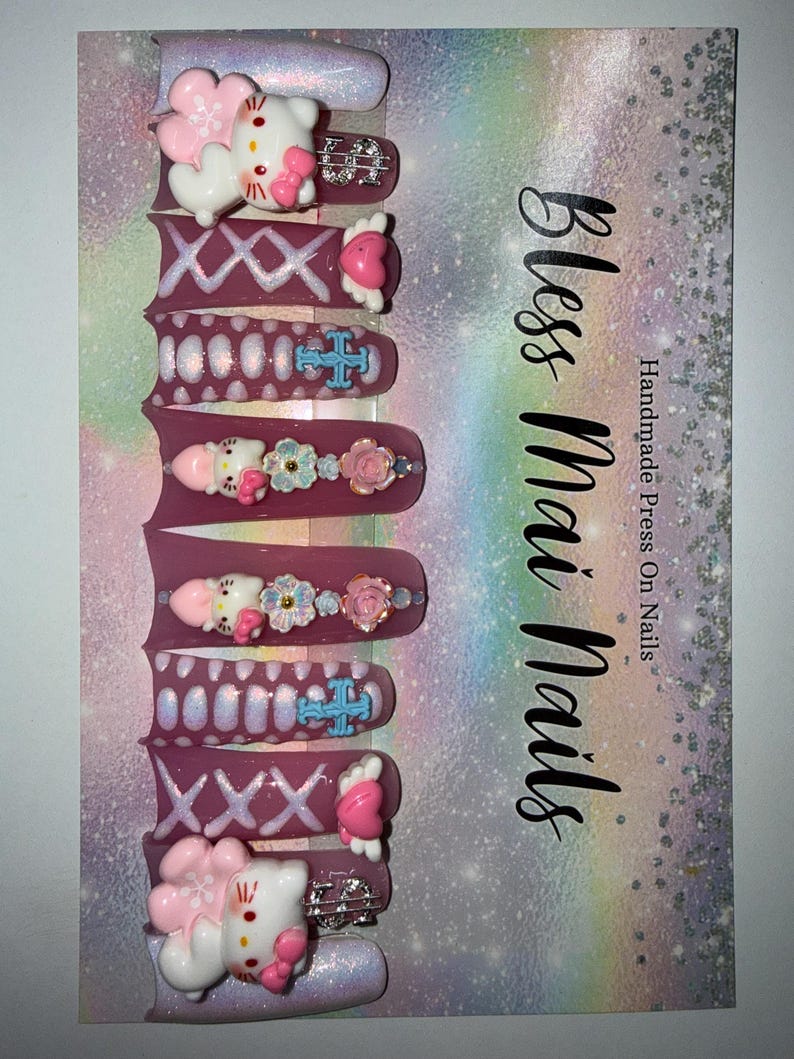 2XL Acrylic Duck Nails - Kawaii Kitty Sharp Mooncut Nails | Handdrawn Art with Croc Print, Dainty Charms & Iridescent Shimmer image 4