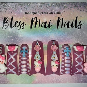 2XL Acrylic Duck Nails - Kawaii Kitty Sharp Mooncut Nails | Handdrawn Art with Croc Print, Dainty Charms & Iridescent Shimmer image 3
