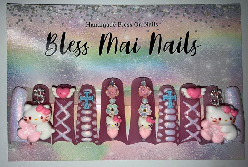 2XL Acrylic Duck Nails - Kawaii Kitty Sharp Mooncut Nails | Handdrawn Art with Croc Print, Dainty Charms & Iridescent Shimmer image 3