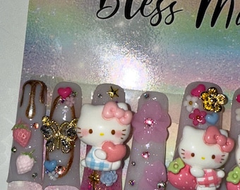 2XL Acrylic Duck Nails - Kawaii Kitty Pink/Shimmer Soft White Nails w Gold Chrome, 3D Flowers & Cute Charms