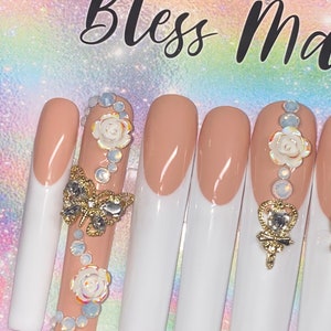 3XL Tapered Square Nails - Classic French Tips w Opal Gems