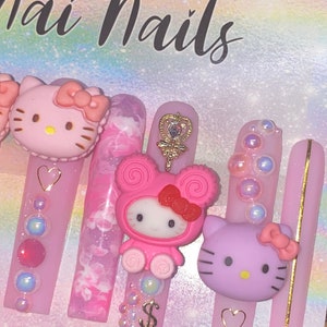 3XL Kawaii Kitty Press On Nails | Spring Marble Nails w Iridescent Pearls & Kitty Charms