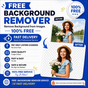 Puede incluir: Un anuncio digital para un servicio de eliminación de fondos con el texto FREE BACKGROUND REMOVER. Muestra una comparación antes y después de una persona con sombrero de paja sosteniendo margaritas, con el original y un fondo transparente.
