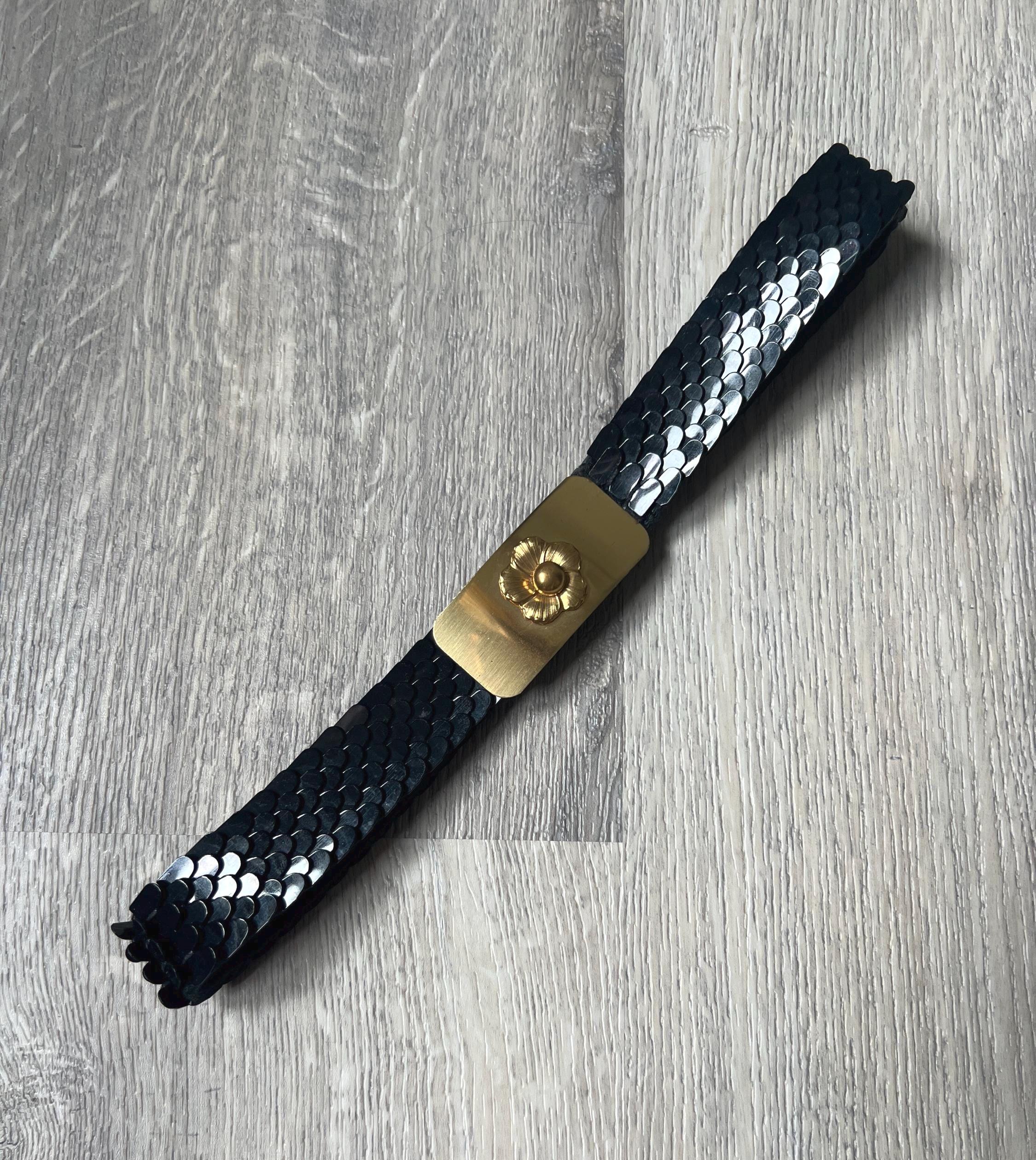 Black Slim Fish Scale Retro Stretch Belt Gold Buckle - Etsy display picture 2