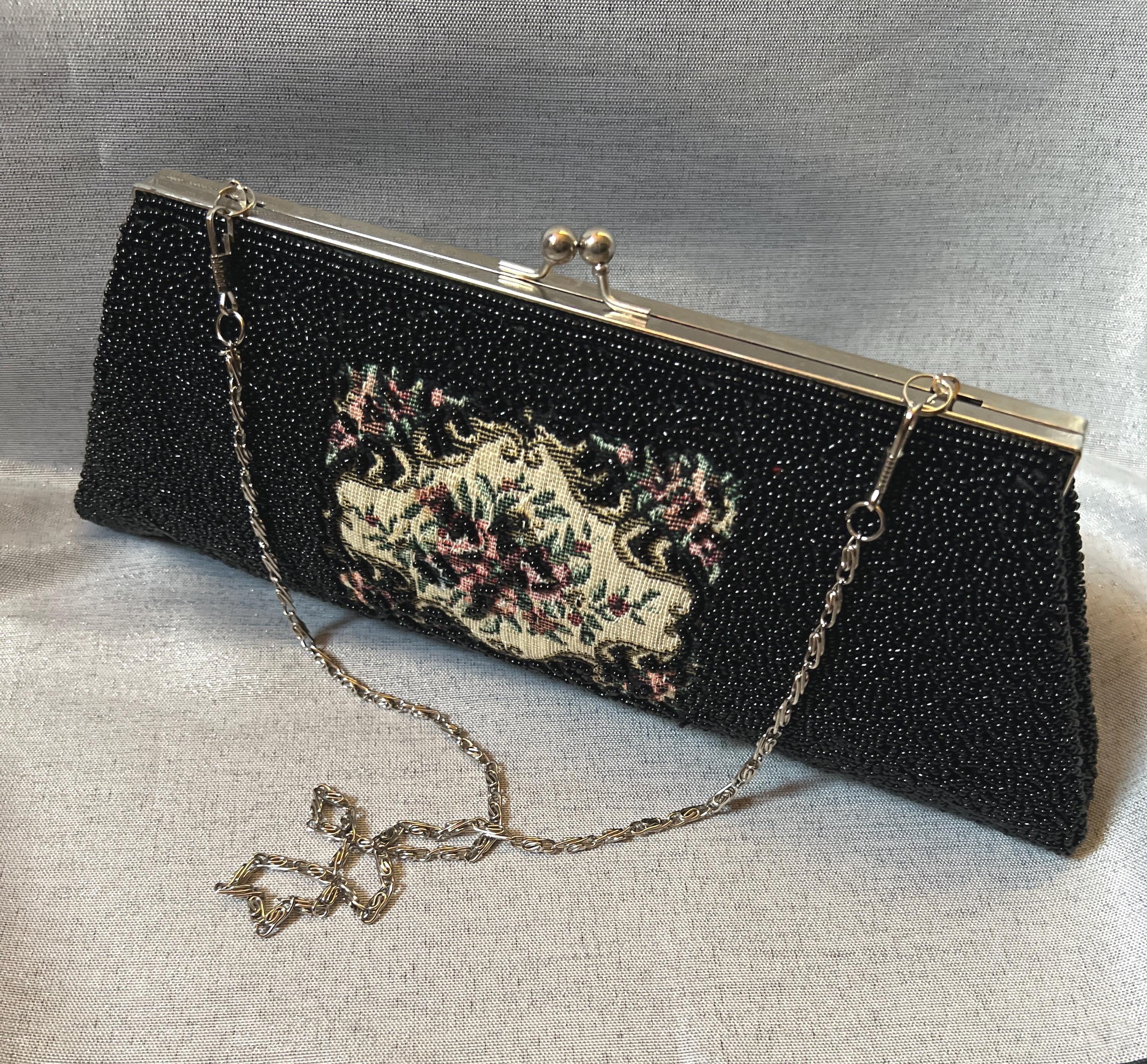 Black Vintage Beaded Tapestry Formal Clutch Shoulder Bag