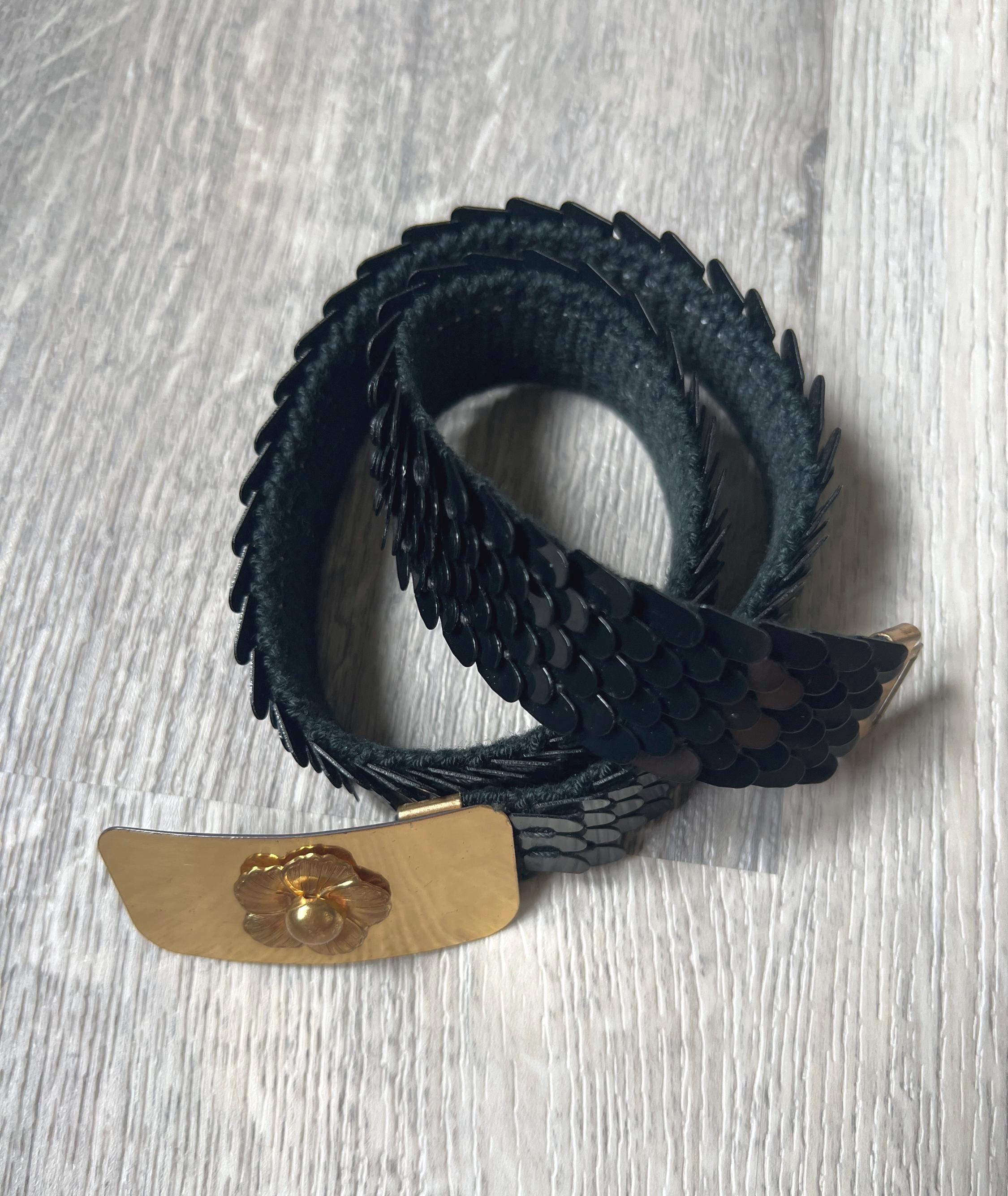 Black Slim Fish Scale Retro Stretch Belt Gold Buckle - Etsy