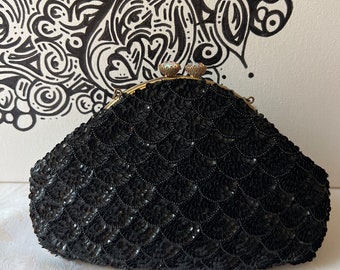 Black Beaded Sequins Small Vintage Formal Evening Bag