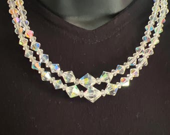 Two Strand Vintage 60's Aurora Borealis Crystal Bead Necklace