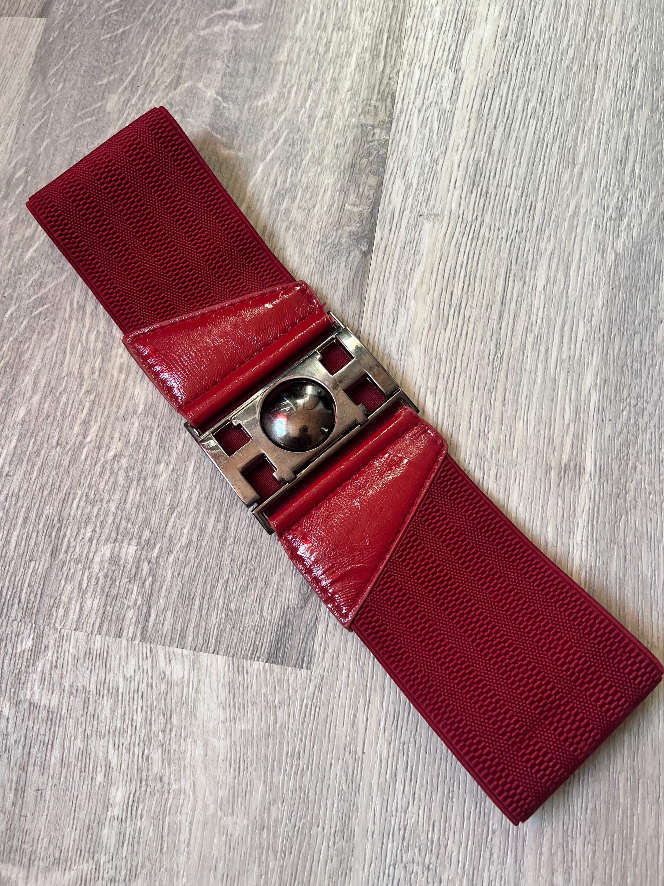 Wide Red Elastic Retro Belt Large Silver Buckle - Etsy