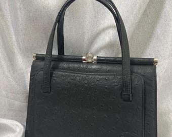 Vintage Black Leather Ostrich Stamped Original 1960's Handbag
