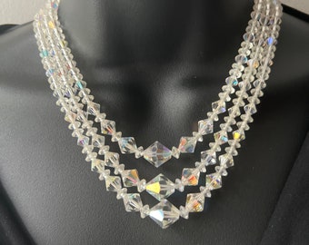 1960's Three Strand Aurora Borealis Crystal Bead Necklace