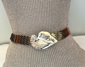 Gold fish scale Stretch Belt with Floral Accent.  Vintage. Vintage Gold Fish Scale Stretch Belt - Medium, Floral Buckle  main image 2
