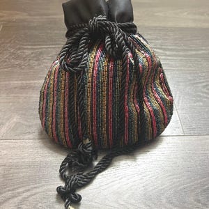 Black Satin Multicolored Beaded Vintage Drawstring Evening Pouch Purse
