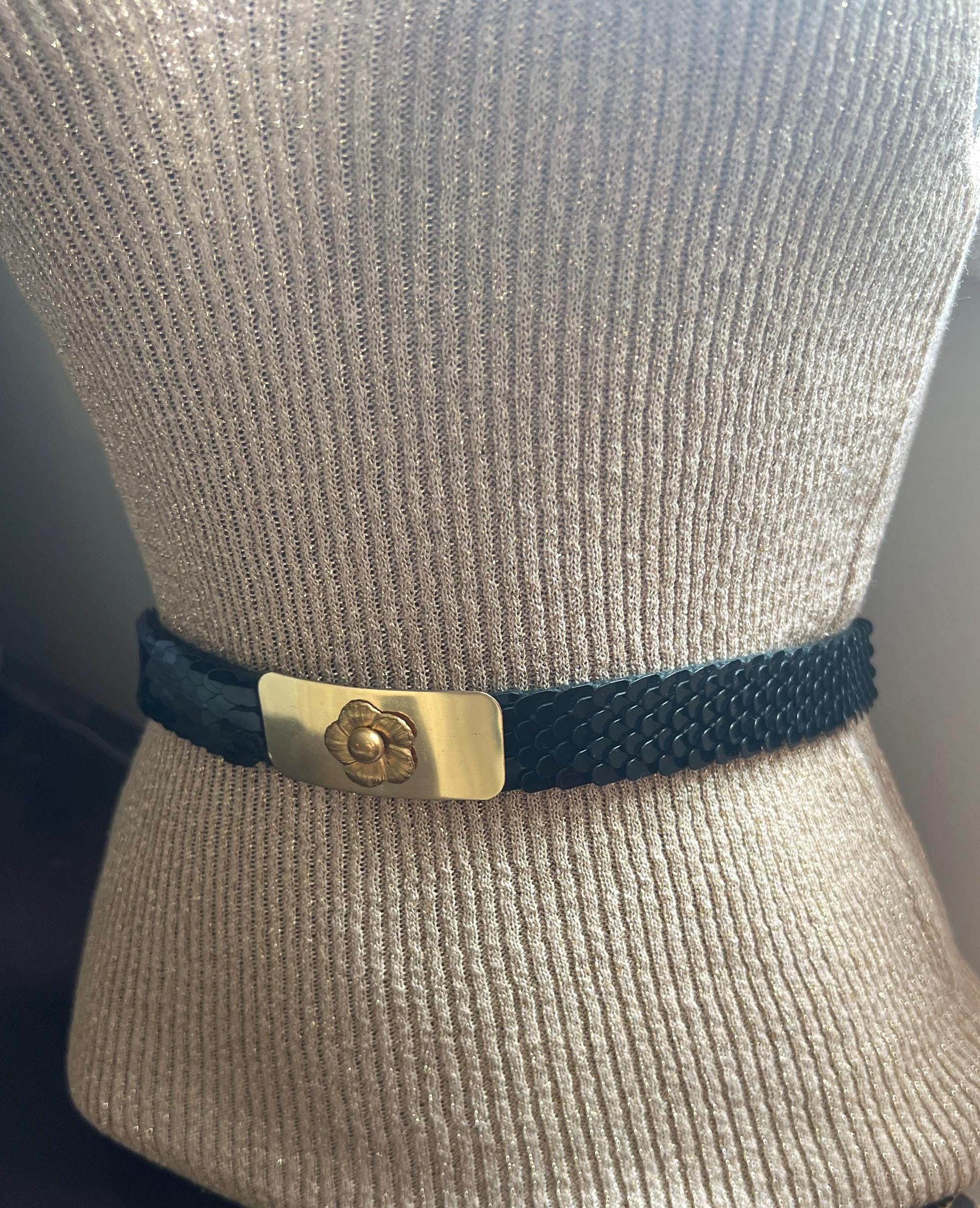 Black Slim Fish Scale Retro Stretch Belt Gold Buckle - Etsy display picture 3