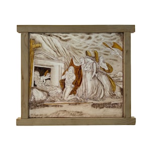 Victorian Reverse Painted Glass Panel: Resurrection Scene, Angels, 1880s Religious Art