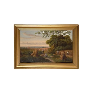 19th Century Harvest Oil Painting: Rustic Farmhouse Landscape in Gilt Frame