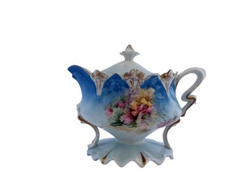 Late Victorian Hand Painted Blue Floral Porcelain Creamer with Lid 4.5 Inches Tall