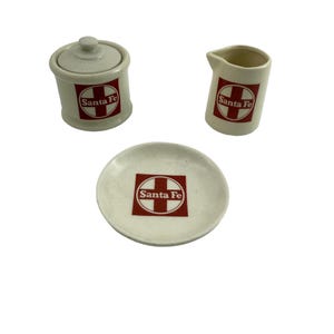 Rare Santa Fe Railroad China Set: Creamer, Sugar, Plate - ATSF Herald Logo