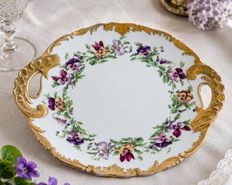 Plato para pastel antiguo Elite Limoges Francia con asa, porcelana violeta con estampado floral, plato de servir dorado Art Nouveau /