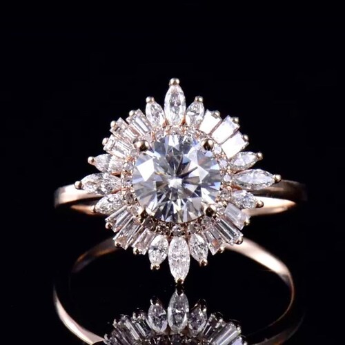 Art deco 14k rose gold engagement ring, Halo baguette natural diamond shops with center round cut moissanite, Anniversary gift for her