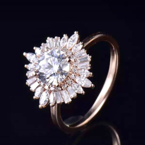 Art deco 14k rose gold engagement ring, Halo baguette natural diamond shops with center round cut moissanite, Anniversary gift for her