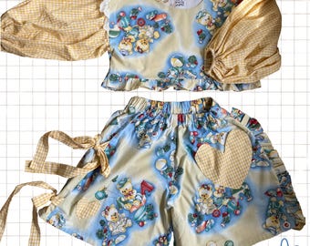 Bear Print Gingham Puff Sleeves Crop Top – Upcycled Materials Handmade Cute Blouse and Shorts with Ruffles, Heart pockets and Bows