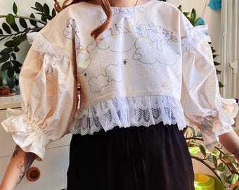 Puffed Sleeves Crop Top with ruffles, Print With colourful Animals or beige Sheep – Upcycled Materials Cute Kawaii Lolita Blouse
