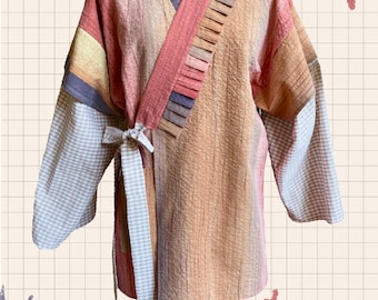 Hanbok Inspired Blouse – Brown and Orange or Pink Floral, Gingham Sleeves, Upcycled Fabric Shirt
