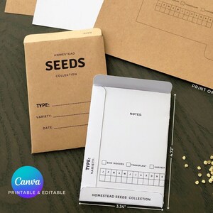 May include: Printable seed packet template with a brown envelope, a white envelope with a calendar and notes section, and a pile of small, golden seeds. The template is labeled "Homestead Seeds Collection" and measures 3.34 inches by 4.72 inches. Print on 8.5 x 11 inch paper.