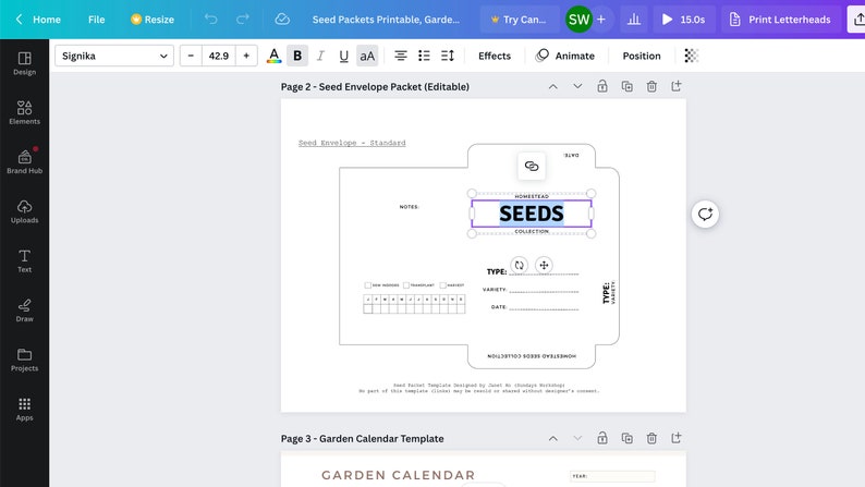 May include: A printable seed packet template with a black and white design. The template includes a space for the seed type, variety, date, and notes. The text "Homestead Seeds Collection" is printed in black on a white rectangle.