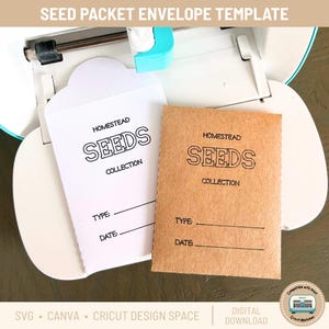 May include: Two seed packet templates, one white and one brown, with the text "HOMESTEAD SEEDS COLLECTION". Each packet has lines for "TYPE" and "DATE". The image also includes a Cricut machine and the text "SEED PACKET ENVELOPE TEMPLATE".