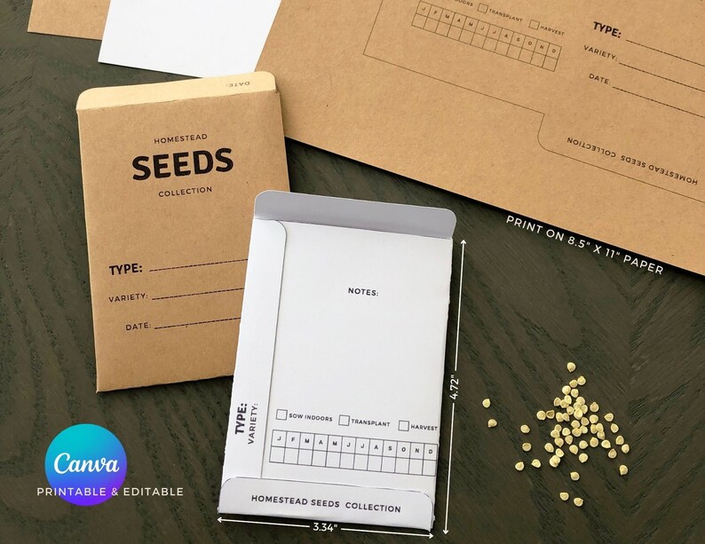 May include: Printable seed packet template with a brown envelope, a white envelope with a calendar and notes section, and a pile of small, golden seeds. The template is labeled "Homestead Seeds Collection" and measures 3.34 inches by 4.72 inches. Print on 8.5 x 11 inch paper.