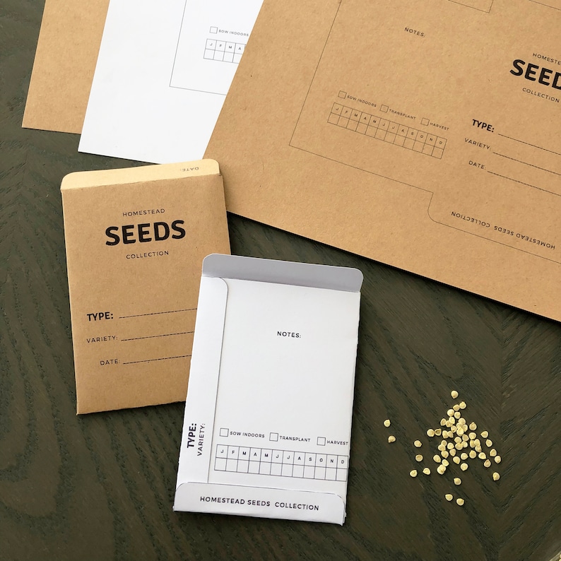 May include: Two brown paper envelopes with white labels that say "Homestead Seeds Collection". The labels have sections for "Type", "Variety", "Date", and "Notes". One envelope has a calendar grid for sowing, transplanting, and harvesting. The envelopes are on a wooden surface with a small pile of seeds.