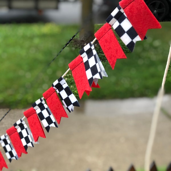 Mini Race Car Checkered Felt Banner - Garland 9 Feet Rope - Handmade in Canada