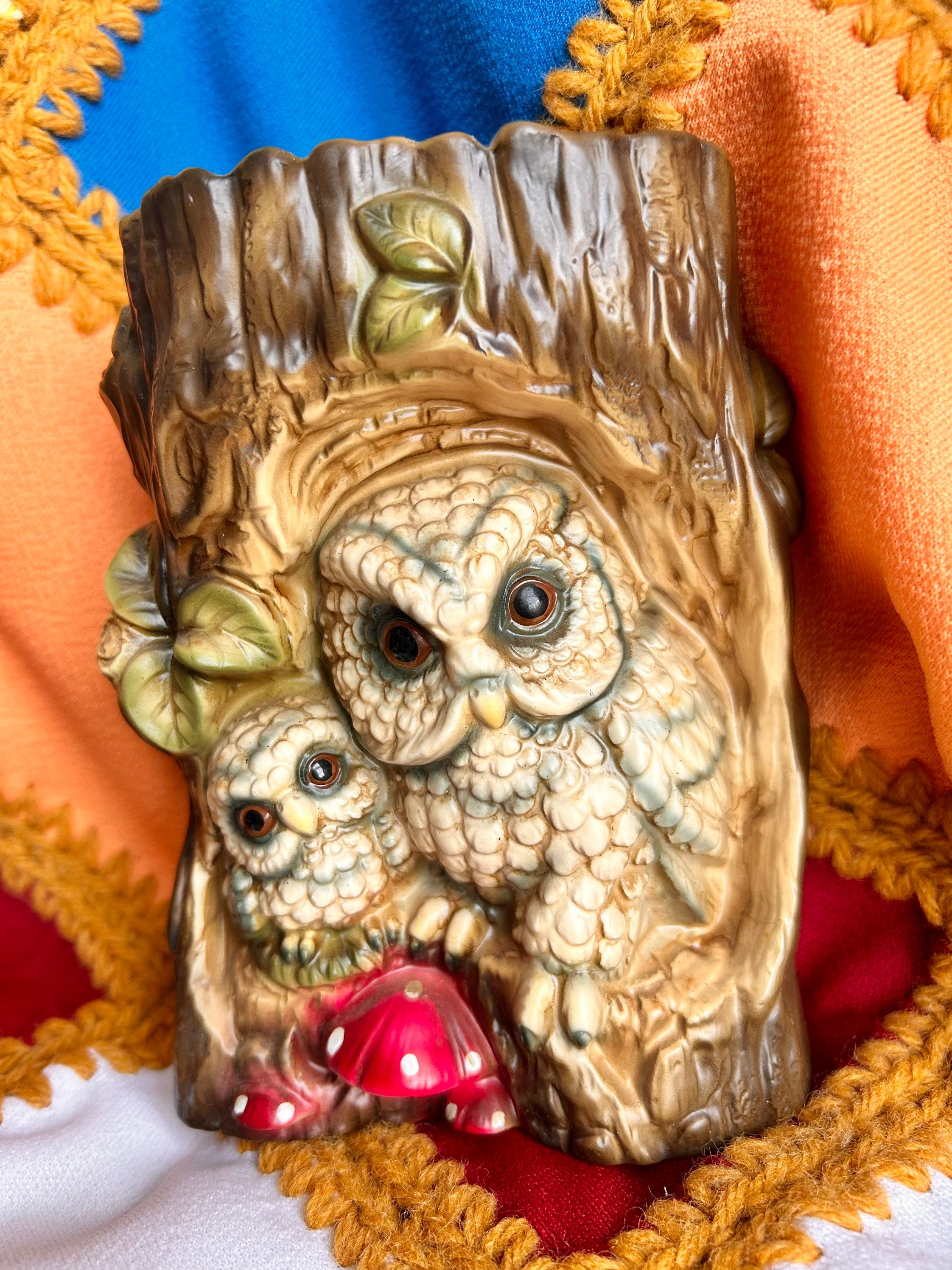 Vintage MCM Made in Japan Mini Ceramic Owl on Log Planter — Warmth & Cheer