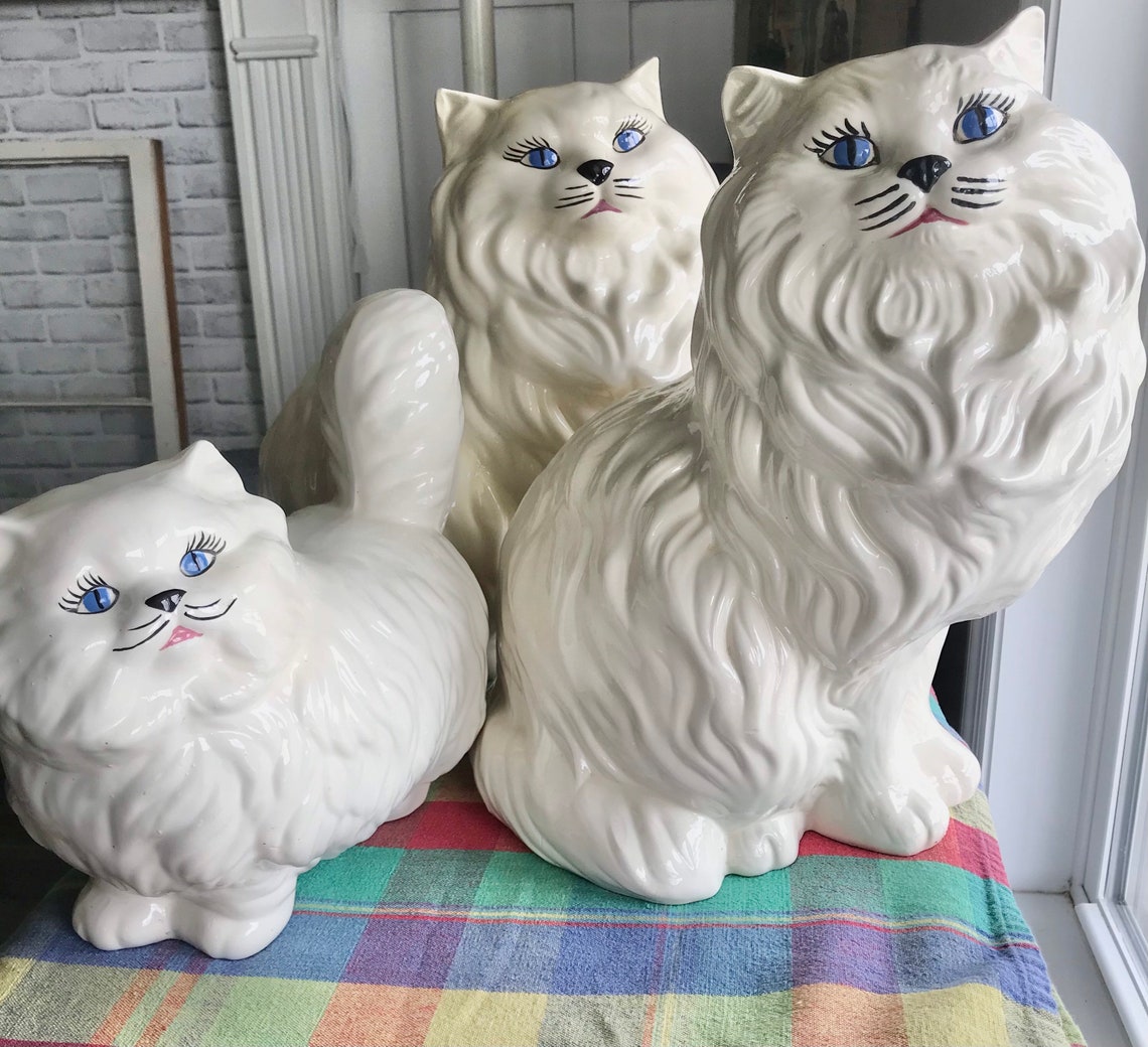 Rare MCM vintage ceramic Persian cat figurine set white fluffy Etsy