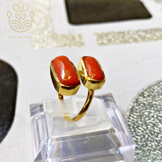 Gold Plated Coral Ring Natural moonga 11.25 Ratti Stone Certified Unheated  & Untreated Astrological For Men & Women