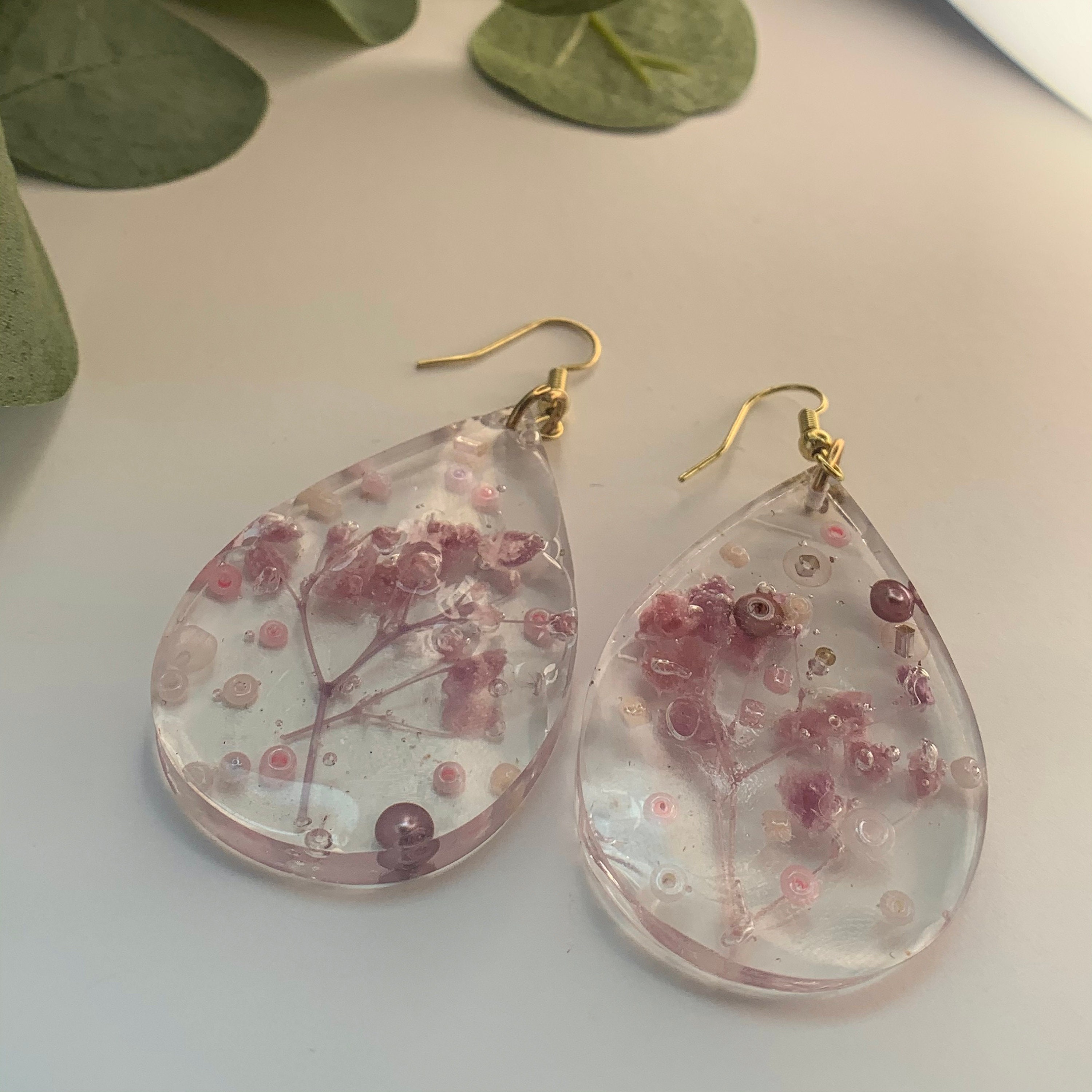 Handmade resin earrings teardrop real pressed flowers beads Etsy