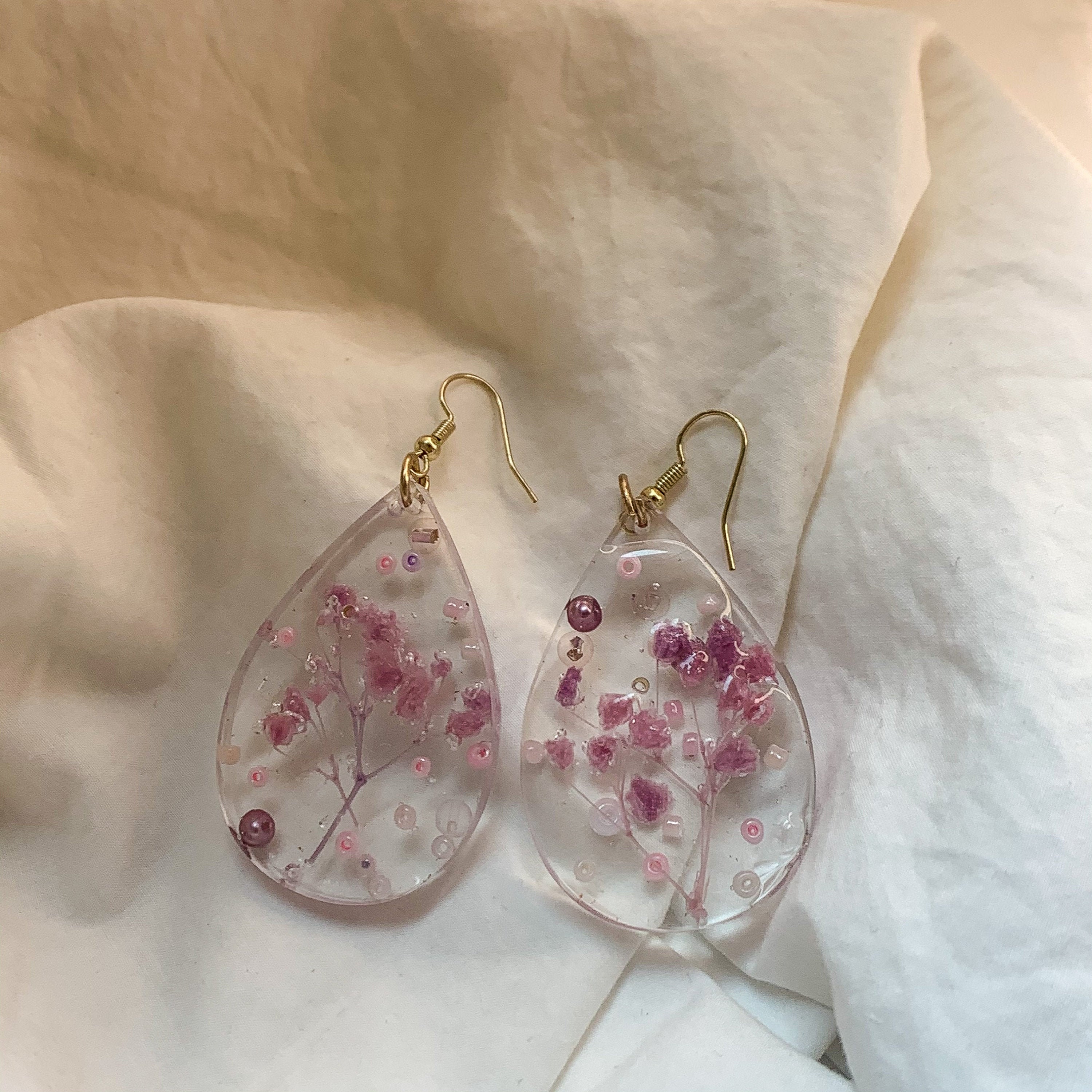Handmade resin earrings teardrop real pressed flowers beads Etsy