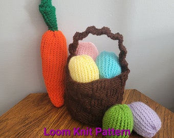 Easter Basket, Carrot and Eggs - Loom Knit PATTERN - 3/8&quot; gauge loom - Digital Download