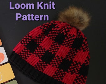 Plaid Beanie - Loom Knit Pattern - Adult size